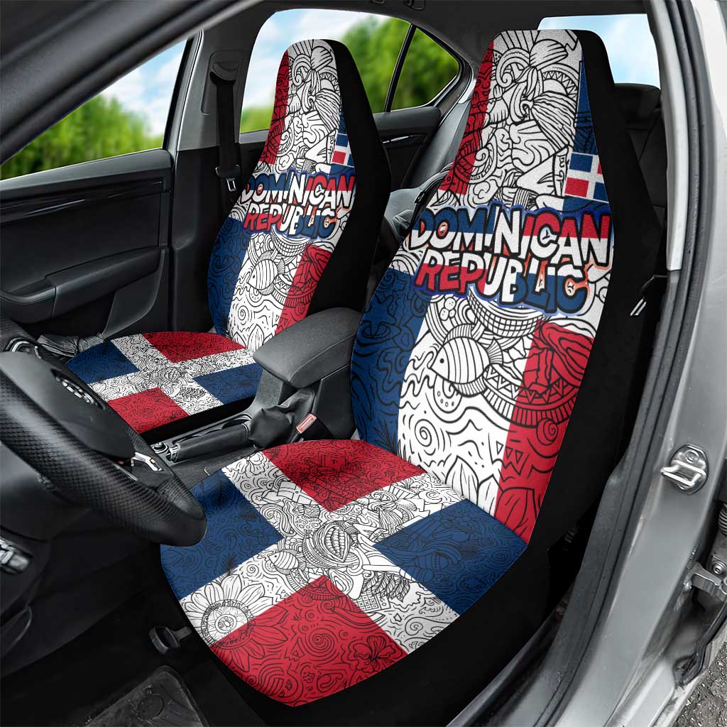 Dominican Republic Flag Car Seat Cover Red White and Blue Pattern with National Emblem and Tribal Design - Wonder Print Shop