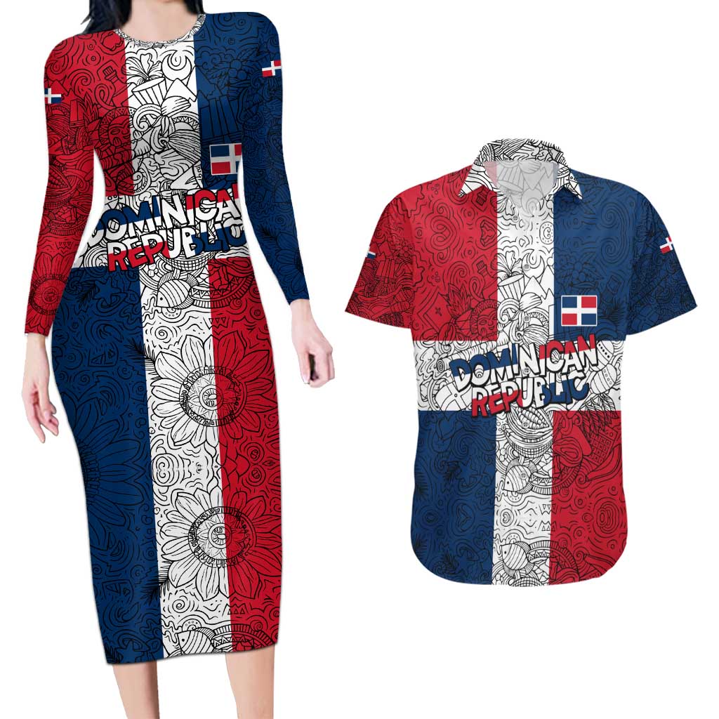 Dominican Republic Flag Couples Matching Long Sleeve Bodycon Dress and Hawaiian Shirt Red White and Blue Pattern with National Emblem and Tribal Design - Wonder Print Shop