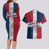 Dominican Republic Flag Couples Matching Long Sleeve Bodycon Dress and Hawaiian Shirt Red White and Blue Pattern with National Emblem and Tribal Design - Wonder Print Shop