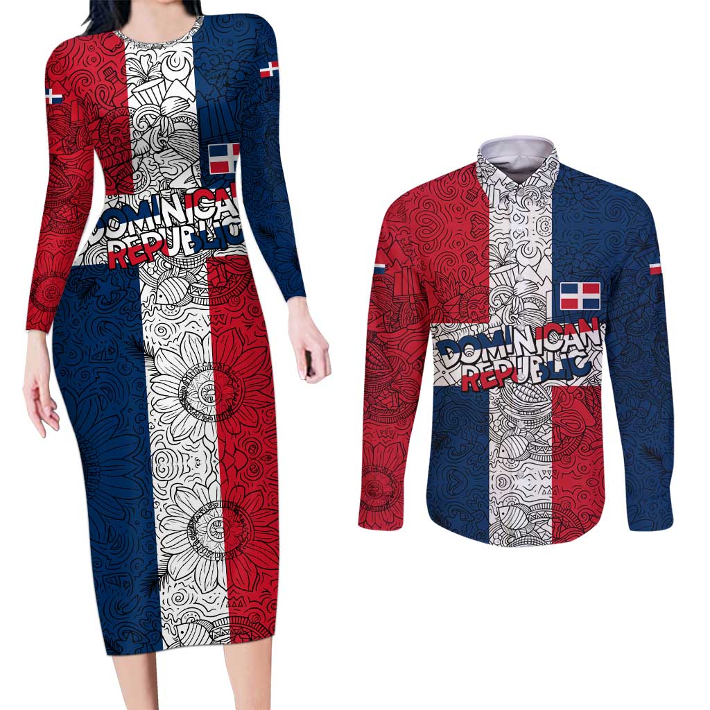 Dominican Republic Flag Couples Matching Long Sleeve Bodycon Dress and Long Sleeve Button Shirt Red White and Blue Pattern with National Emblem and Tribal Design - Wonder Print Shop