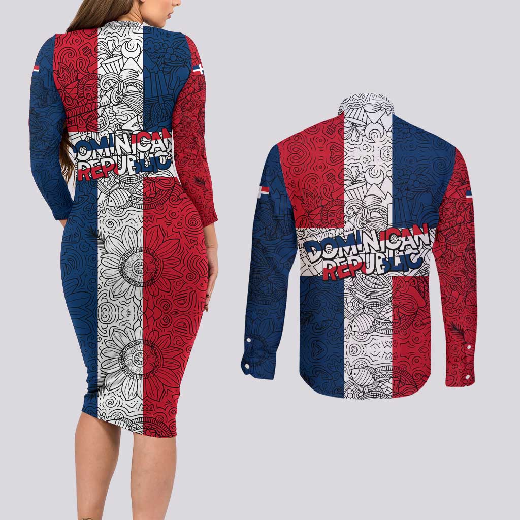 Dominican Republic Flag Couples Matching Long Sleeve Bodycon Dress and Long Sleeve Button Shirt Red White and Blue Pattern with National Emblem and Tribal Design - Wonder Print Shop
