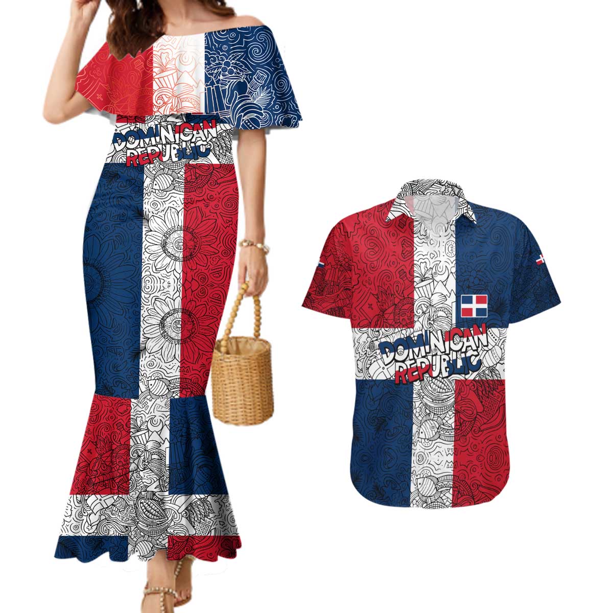 Dominican Republic Flag Couples Matching Mermaid Dress and Hawaiian Shirt Red White and Blue Pattern with National Emblem and Tribal Design - Wonder Print Shop