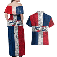 Dominican Republic Flag Couples Matching Off Shoulder Maxi Dress and Hawaiian Shirt Red White and Blue Pattern with National Emblem and Tribal Design - Wonder Print Shop