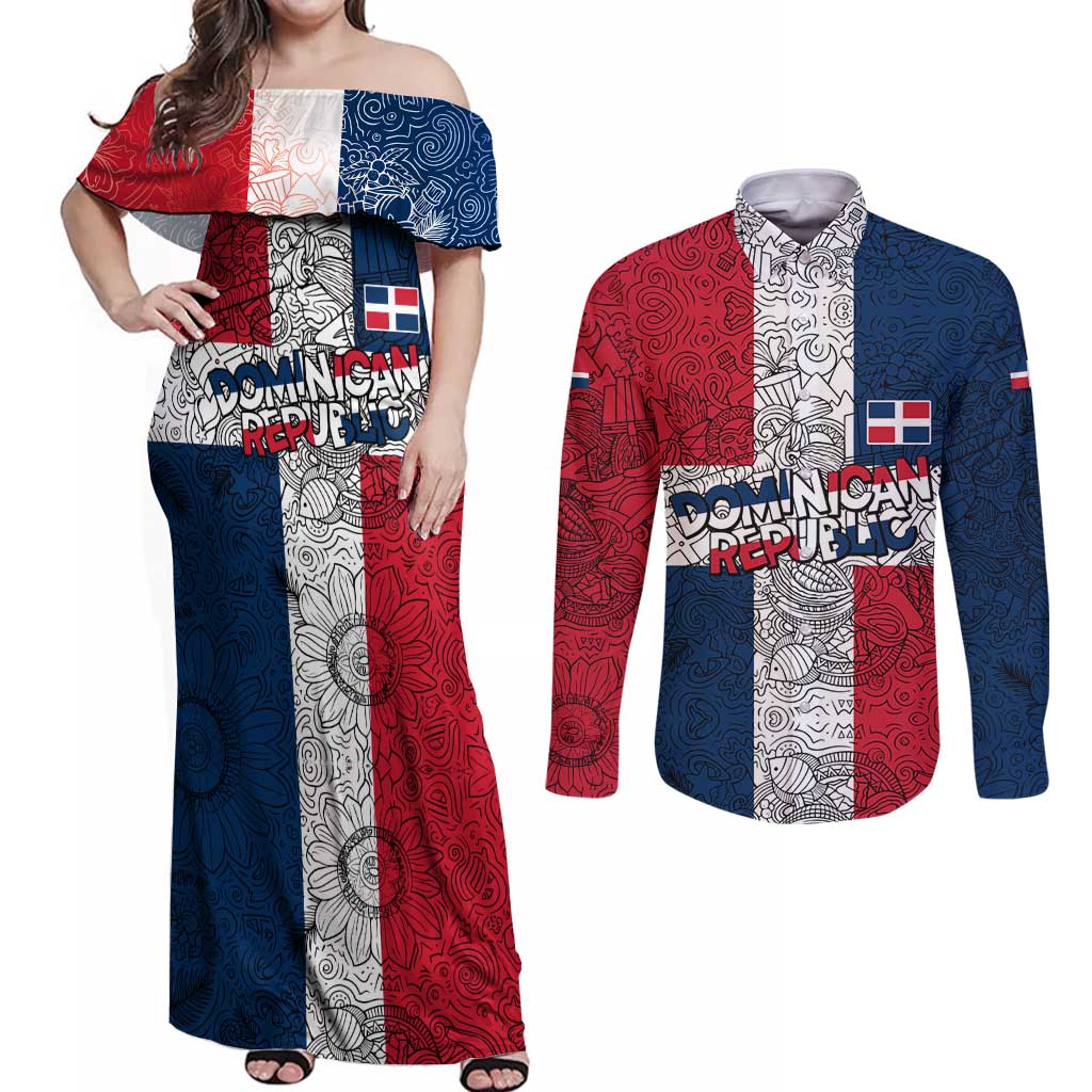 Dominican Republic Flag Couples Matching Off Shoulder Maxi Dress and Long Sleeve Button Shirt Red White and Blue Pattern with National Emblem and Tribal Design - Wonder Print Shop