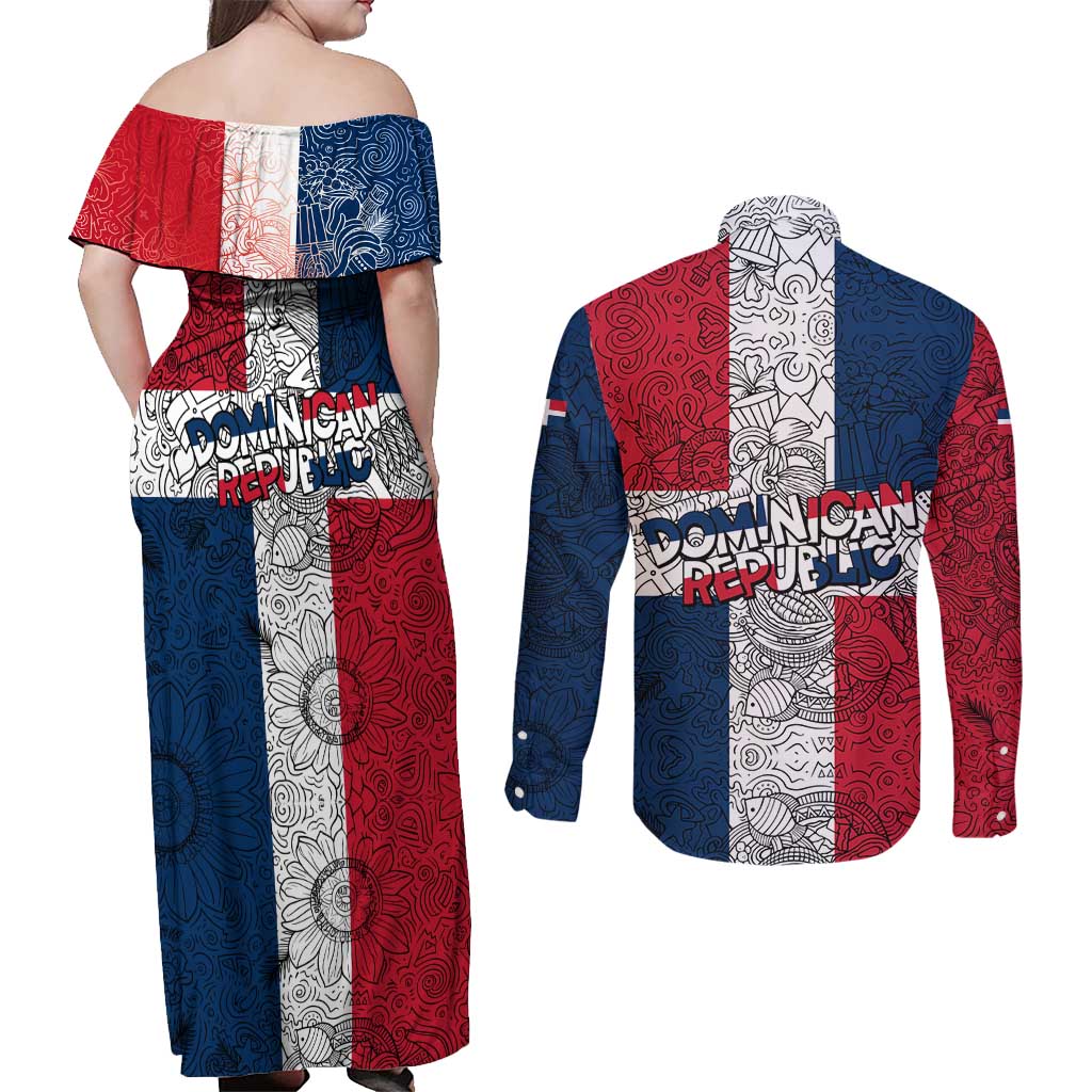 Dominican Republic Flag Couples Matching Off Shoulder Maxi Dress and Long Sleeve Button Shirt Red White and Blue Pattern with National Emblem and Tribal Design - Wonder Print Shop