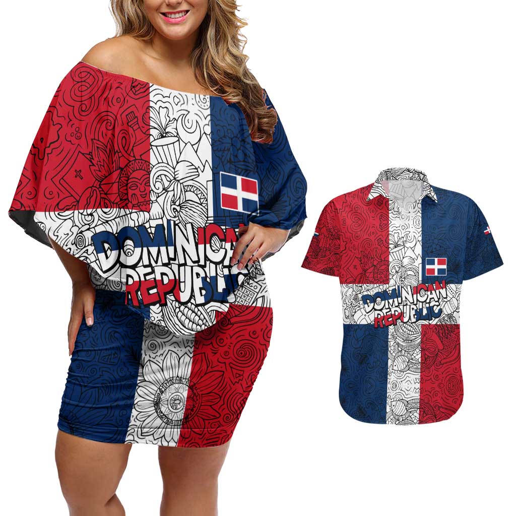 Dominican Republic Flag Couples Matching Off Shoulder Short Dress and Hawaiian Shirt Red White and Blue Pattern with National Emblem and Tribal Design - Wonder Print Shop