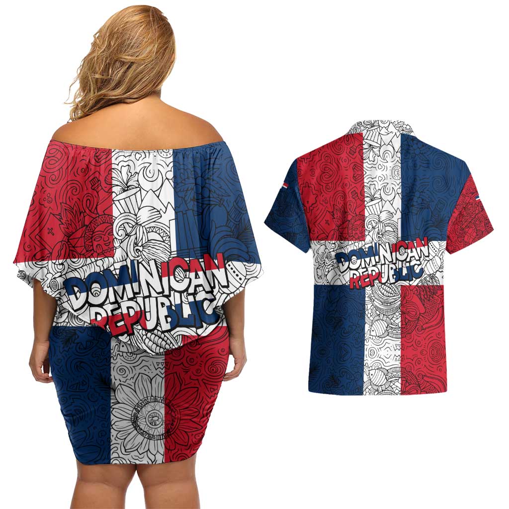 Dominican Republic Flag Couples Matching Off Shoulder Short Dress and Hawaiian Shirt Red White and Blue Pattern with National Emblem and Tribal Design - Wonder Print Shop