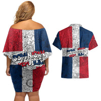 Dominican Republic Flag Couples Matching Off Shoulder Short Dress and Hawaiian Shirt Red White and Blue Pattern with National Emblem and Tribal Design - Wonder Print Shop
