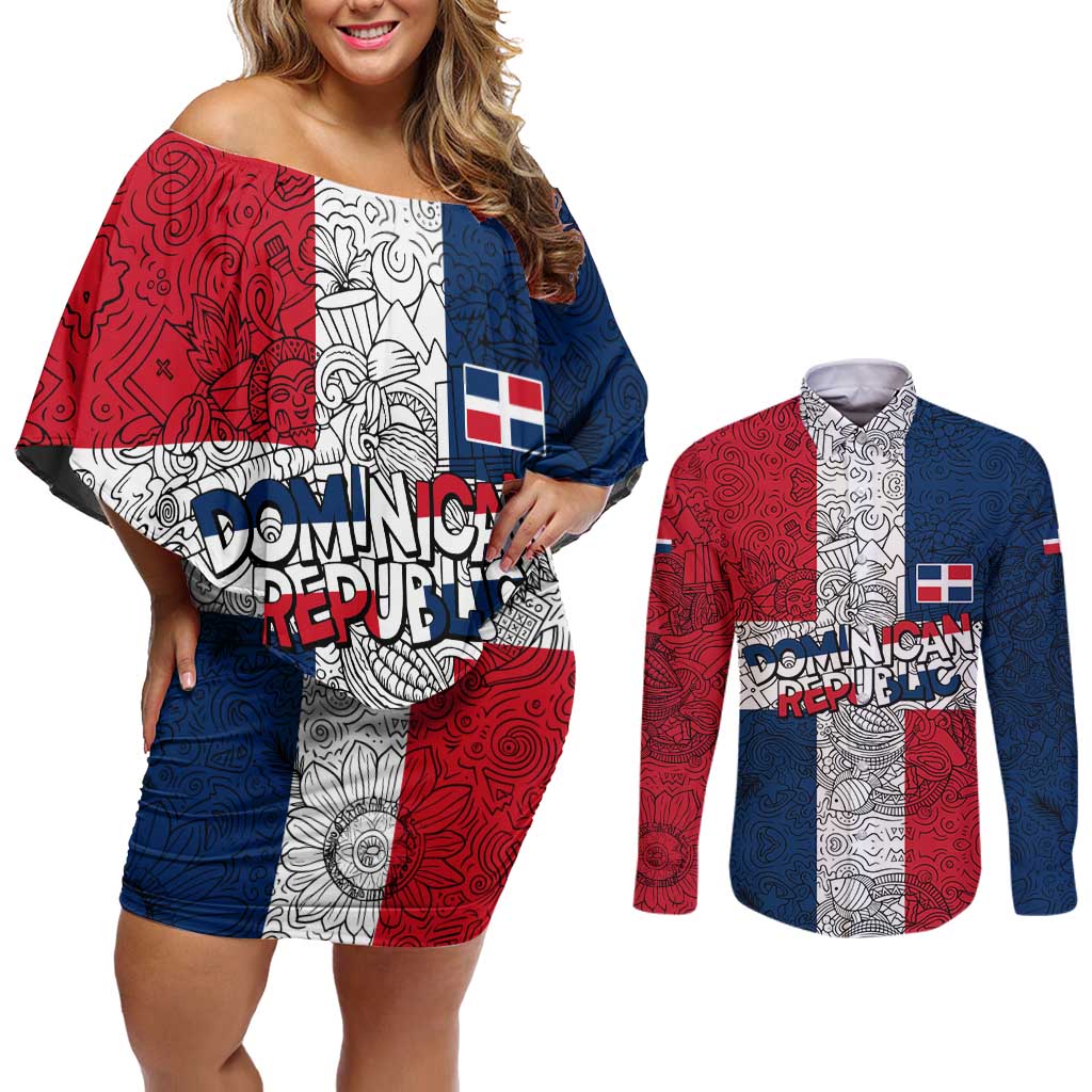 Dominican Republic Flag Couples Matching Off Shoulder Short Dress and Long Sleeve Button Shirt Red White and Blue Pattern with National Emblem and Tribal Design - Wonder Print Shop