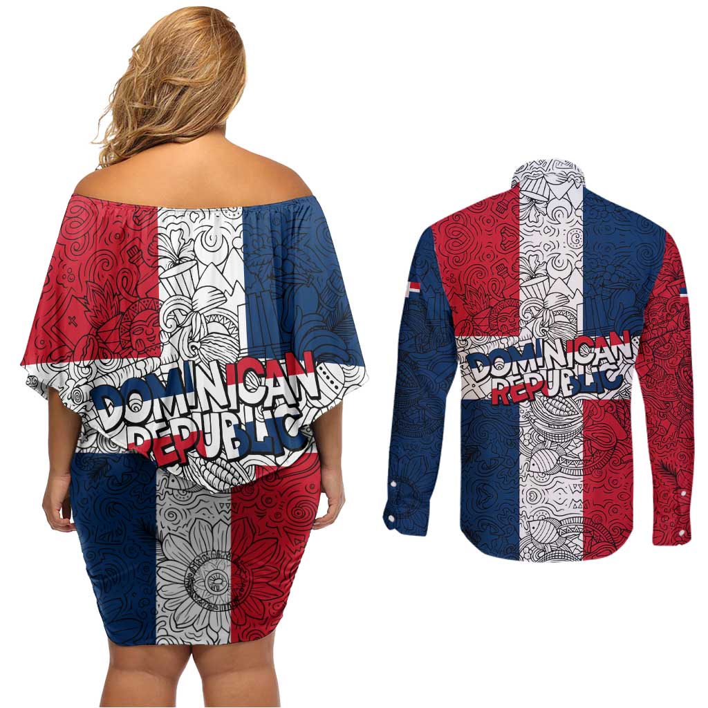 Dominican Republic Flag Couples Matching Off Shoulder Short Dress and Long Sleeve Button Shirt Red White and Blue Pattern with National Emblem and Tribal Design - Wonder Print Shop