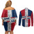Dominican Republic Flag Couples Matching Off Shoulder Short Dress and Long Sleeve Button Shirt Red White and Blue Pattern with National Emblem and Tribal Design - Wonder Print Shop