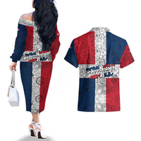 Dominican Republic Flag Couples Matching Off The Shoulder Long Sleeve Dress and Hawaiian Shirt Red White and Blue Pattern with National Emblem and Tribal Design - Wonder Print Shop