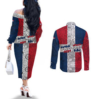 Dominican Republic Flag Couples Matching Off The Shoulder Long Sleeve Dress and Long Sleeve Button Shirt Red White and Blue Pattern with National Emblem and Tribal Design - Wonder Print Shop