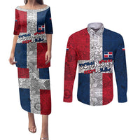 Dominican Republic Flag Couples Matching Puletasi and Long Sleeve Button Shirt Red White and Blue Pattern with National Emblem and Tribal Design - Wonder Print Shop