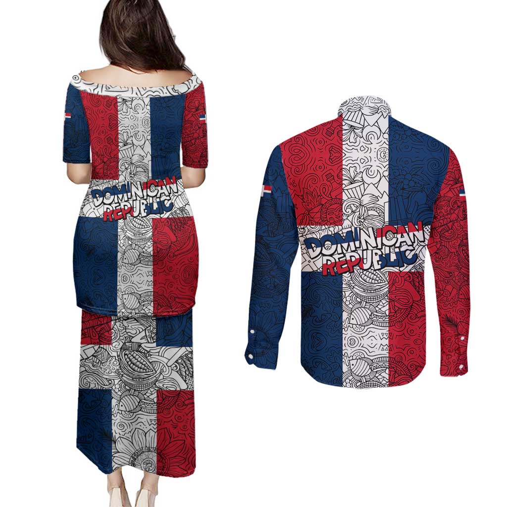 Dominican Republic Flag Couples Matching Puletasi and Long Sleeve Button Shirt Red White and Blue Pattern with National Emblem and Tribal Design - Wonder Print Shop