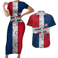 Dominican Republic Flag Couples Matching Short Sleeve Bodycon Dress and Hawaiian Shirt Red White and Blue Pattern with National Emblem and Tribal Design - Wonder Print Shop
