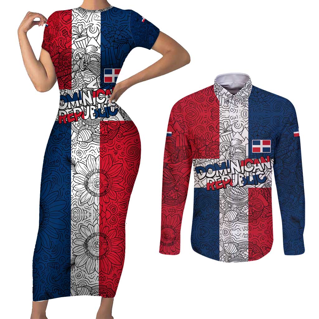 Dominican Republic Flag Couples Matching Short Sleeve Bodycon Dress and Long Sleeve Button Shirt Red White and Blue Pattern with National Emblem and Tribal Design - Wonder Print Shop