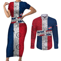 Dominican Republic Flag Couples Matching Short Sleeve Bodycon Dress and Long Sleeve Button Shirt Red White and Blue Pattern with National Emblem and Tribal Design - Wonder Print Shop