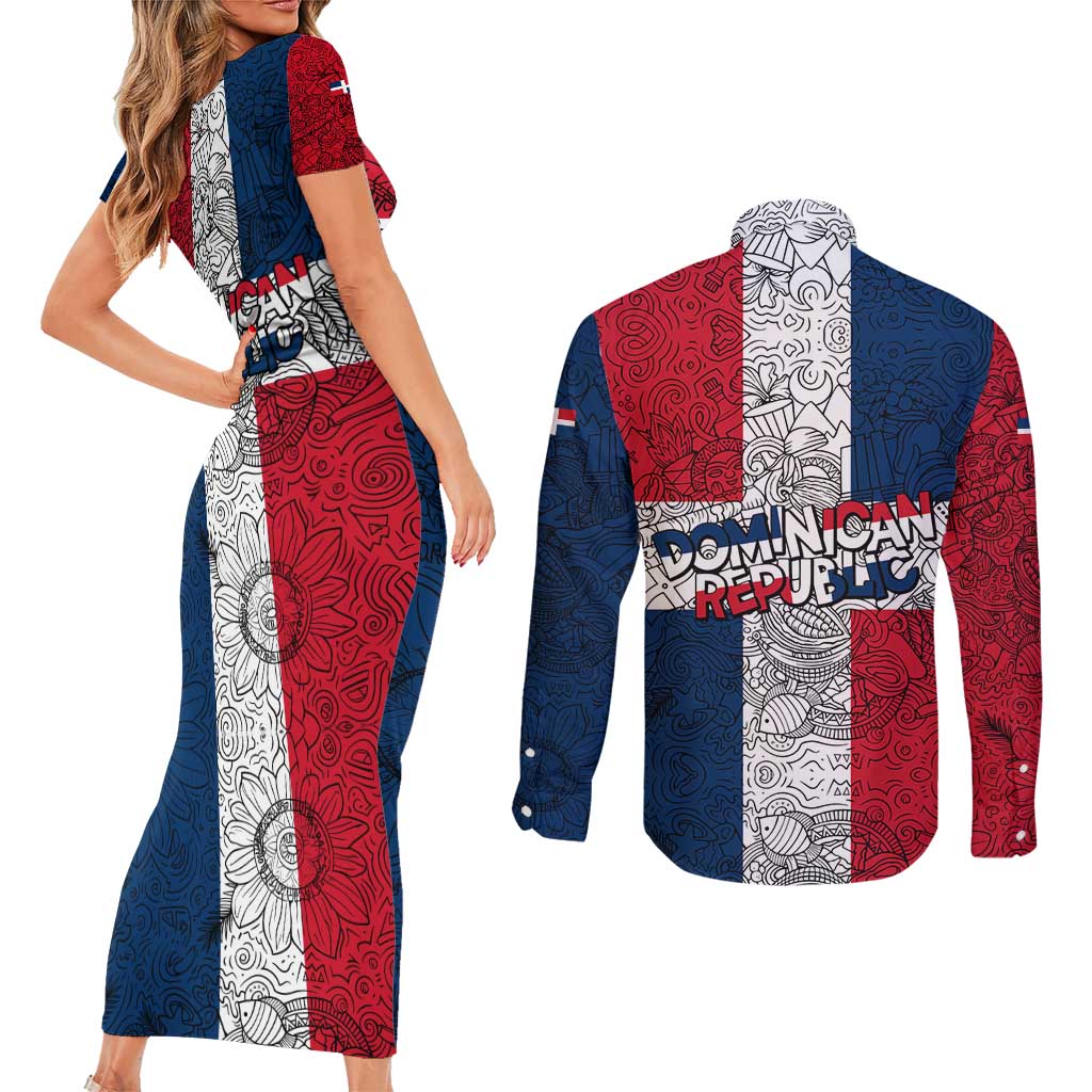 Dominican Republic Flag Couples Matching Short Sleeve Bodycon Dress and Long Sleeve Button Shirt Red White and Blue Pattern with National Emblem and Tribal Design - Wonder Print Shop