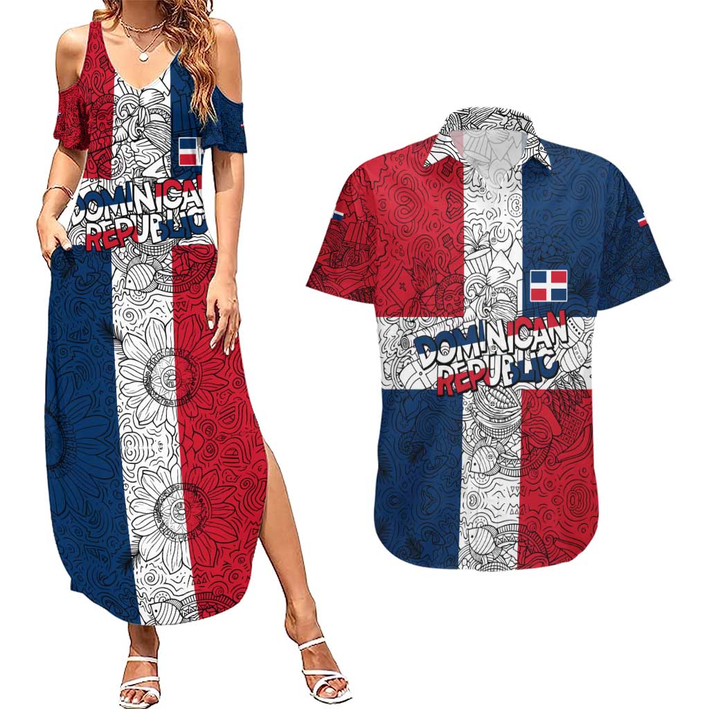 Dominican Republic Flag Couples Matching Summer Maxi Dress and Hawaiian Shirt Red White and Blue Pattern with National Emblem and Tribal Design - Wonder Print Shop