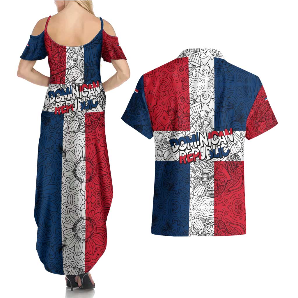 Dominican Republic Flag Couples Matching Summer Maxi Dress and Hawaiian Shirt Red White and Blue Pattern with National Emblem and Tribal Design - Wonder Print Shop
