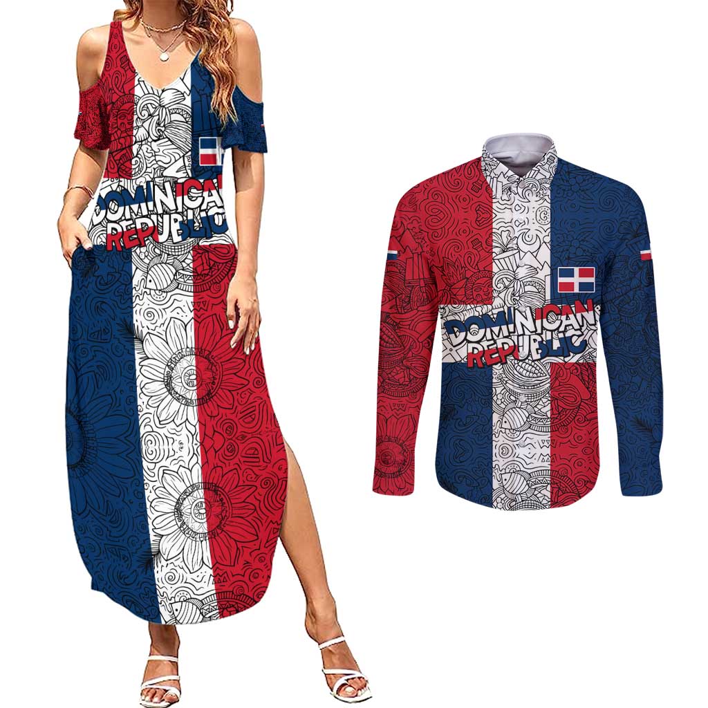 Dominican Republic Flag Couples Matching Summer Maxi Dress and Long Sleeve Button Shirt Red White and Blue Pattern with National Emblem and Tribal Design - Wonder Print Shop