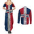 Dominican Republic Flag Couples Matching Summer Maxi Dress and Long Sleeve Button Shirt Red White and Blue Pattern with National Emblem and Tribal Design - Wonder Print Shop