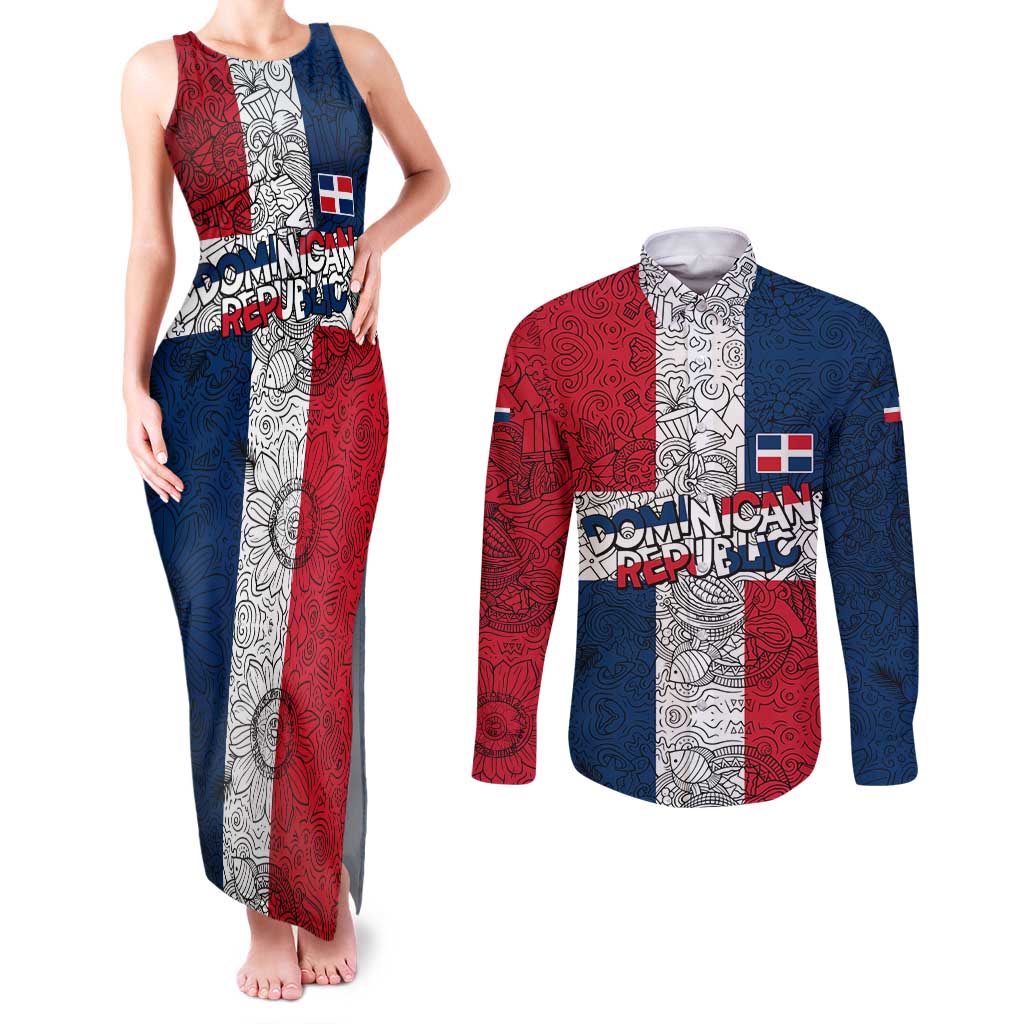 Dominican Republic Flag Couples Matching Tank Maxi Dress and Long Sleeve Button Shirt Red White and Blue Pattern with National Emblem and Tribal Design - Wonder Print Shop