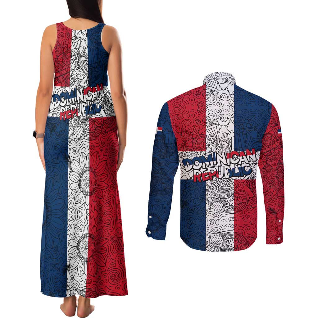 Dominican Republic Flag Couples Matching Tank Maxi Dress and Long Sleeve Button Shirt Red White and Blue Pattern with National Emblem and Tribal Design - Wonder Print Shop