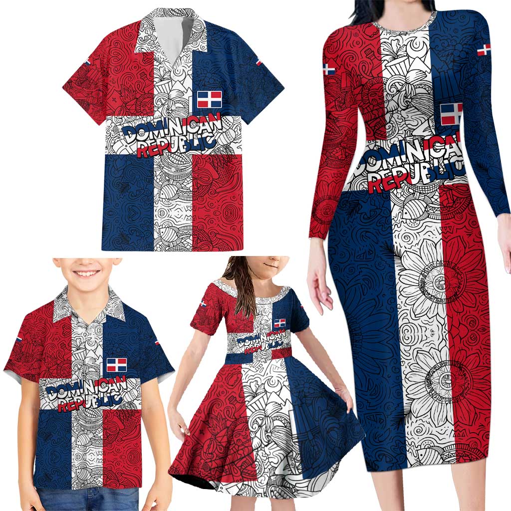 Dominican Republic Flag Family Matching Long Sleeve Bodycon Dress and Hawaiian Shirt Red White and Blue Pattern with National Emblem and Tribal Design - Wonder Print Shop