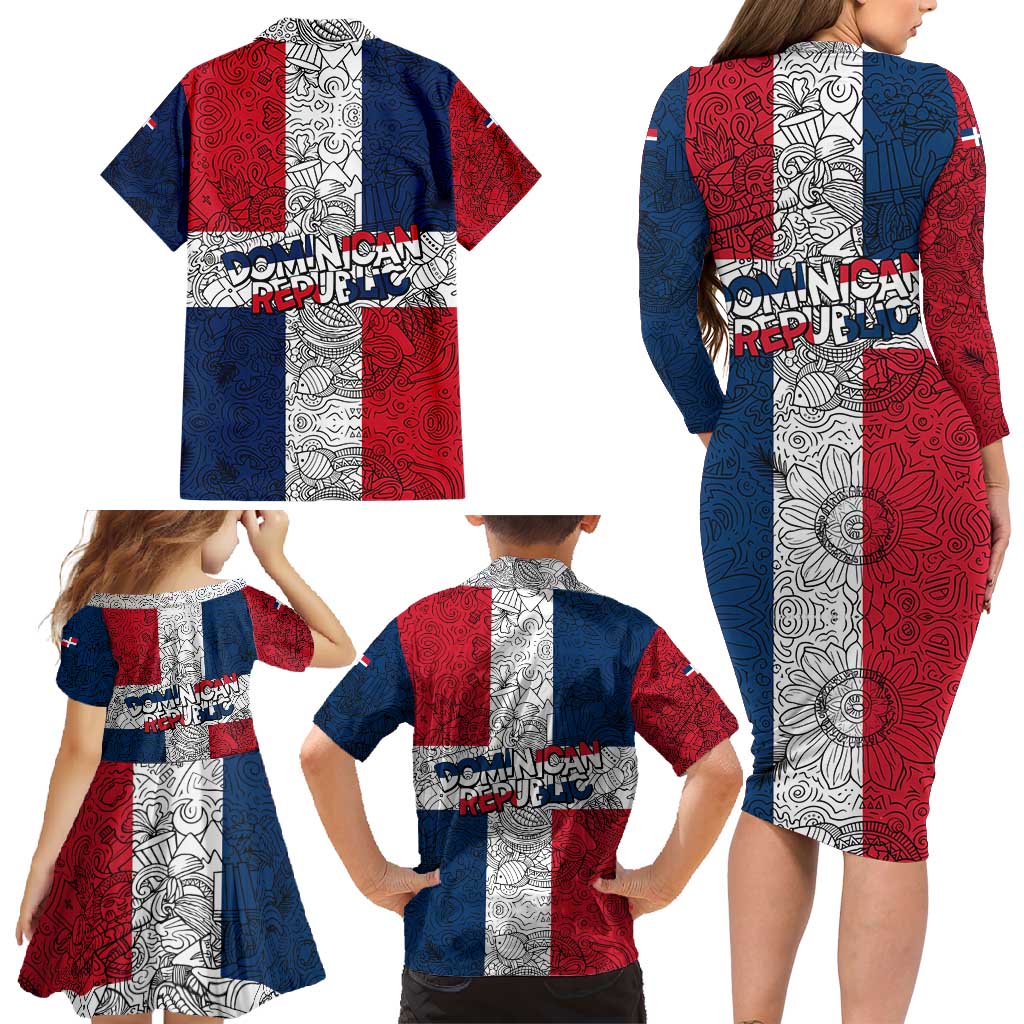 Dominican Republic Flag Family Matching Long Sleeve Bodycon Dress and Hawaiian Shirt Red White and Blue Pattern with National Emblem and Tribal Design - Wonder Print Shop