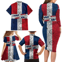 Dominican Republic Flag Family Matching Long Sleeve Bodycon Dress and Hawaiian Shirt Red White and Blue Pattern with National Emblem and Tribal Design - Wonder Print Shop