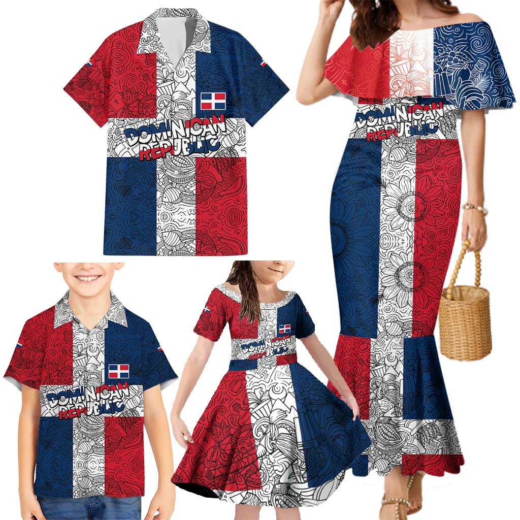 Dominican Republic Flag Family Matching Mermaid Dress and Hawaiian Shirt Red White and Blue Pattern with National Emblem and Tribal Design - Wonder Print Shop
