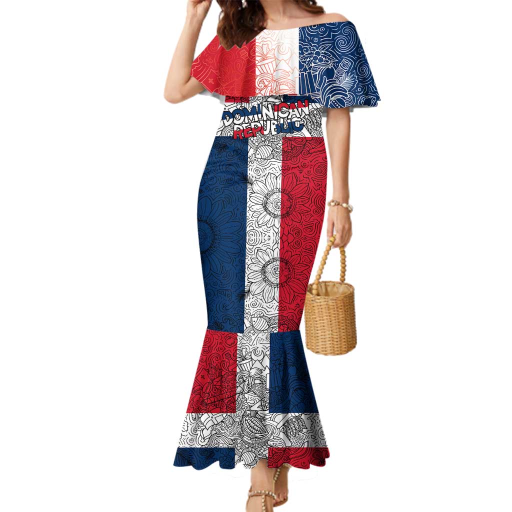 Dominican Republic Flag Family Matching Mermaid Dress and Hawaiian Shirt Red White and Blue Pattern with National Emblem and Tribal Design - Wonder Print Shop