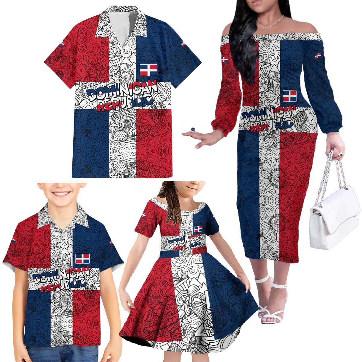 Dominican Republic Flag Family Matching Off The Shoulder Long Sleeve Dress and Hawaiian Shirt Red White and Blue Pattern with National Emblem and Tribal Design - Wonder Print Shop