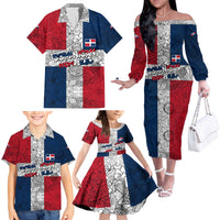 Dominican Republic Flag Family Matching Off The Shoulder Long Sleeve Dress and Hawaiian Shirt Red White and Blue Pattern with National Emblem and Tribal Design - Wonder Print Shop
