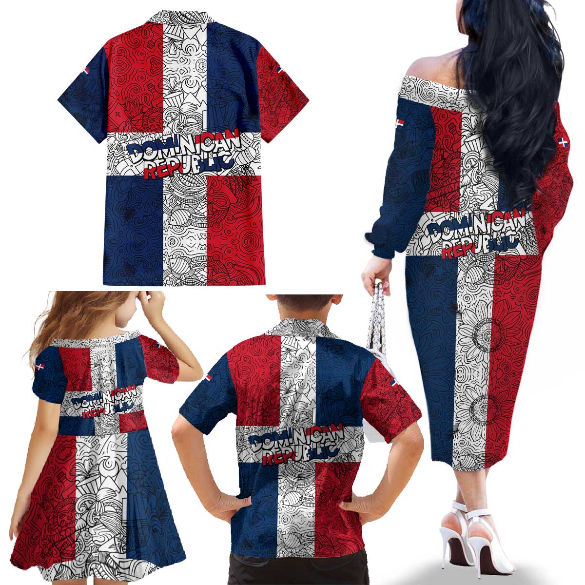 Dominican Republic Flag Family Matching Off The Shoulder Long Sleeve Dress and Hawaiian Shirt Red White and Blue Pattern with National Emblem and Tribal Design - Wonder Print Shop