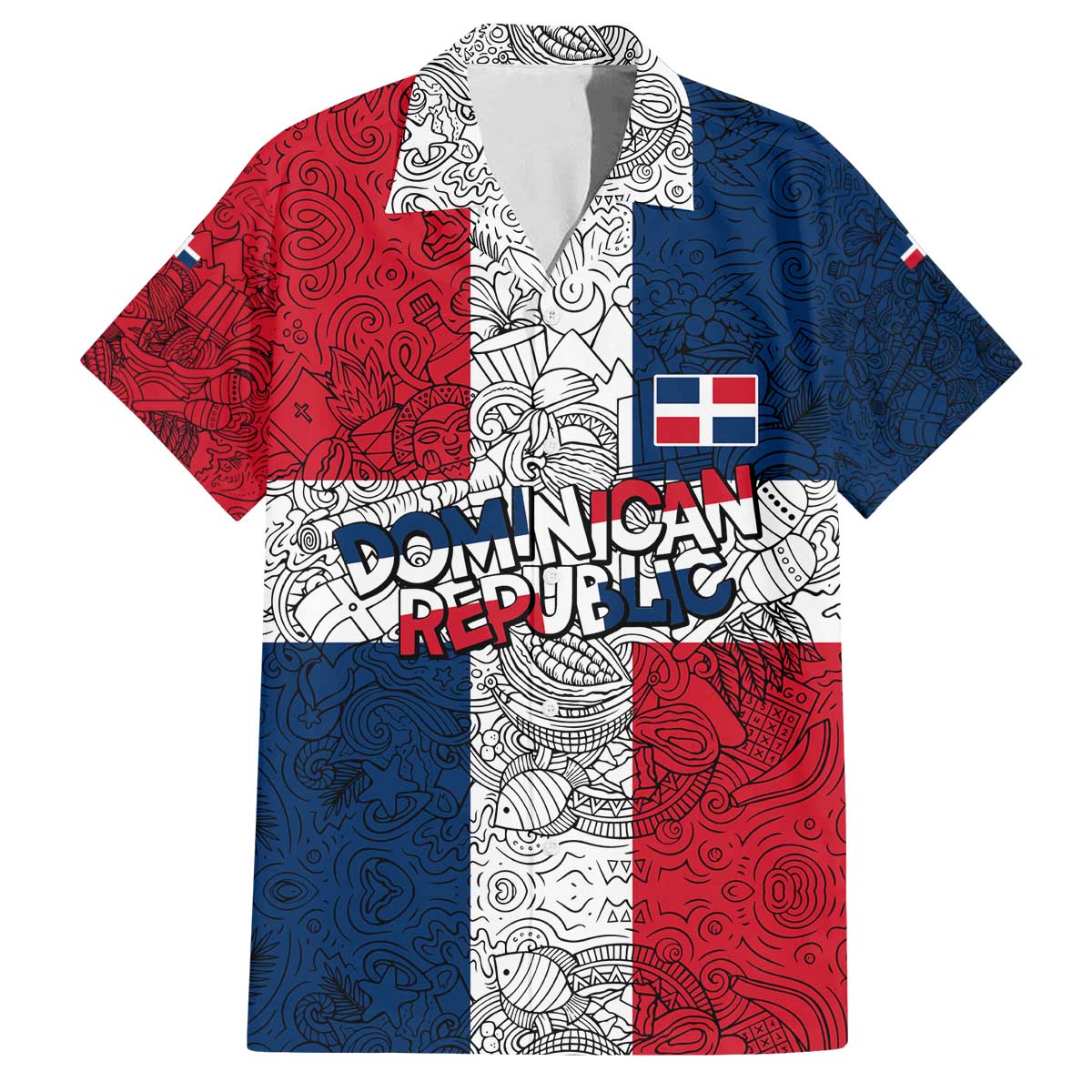 Dominican Republic Flag Family Matching Off The Shoulder Long Sleeve Dress and Hawaiian Shirt Red White and Blue Pattern with National Emblem and Tribal Design - Wonder Print Shop