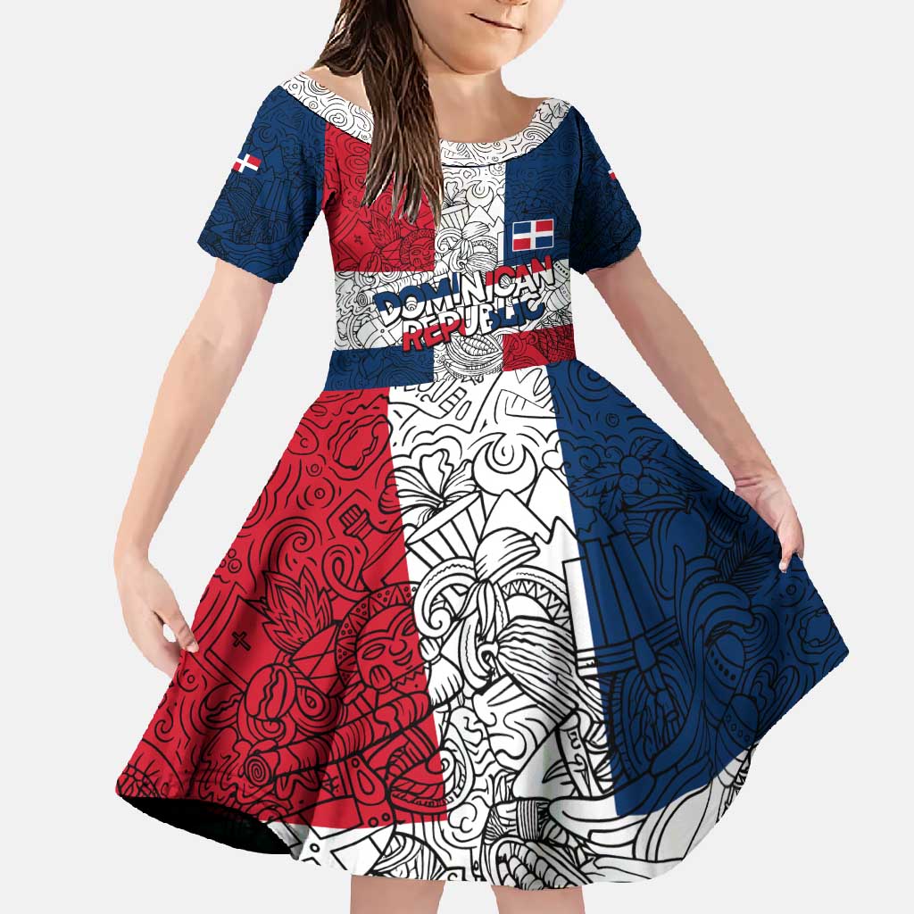 Dominican Republic Flag Family Matching Off Shoulder Maxi Dress and Hawaiian Shirt Red White and Blue Pattern with National Emblem and Tribal Design - Wonder Print Shop