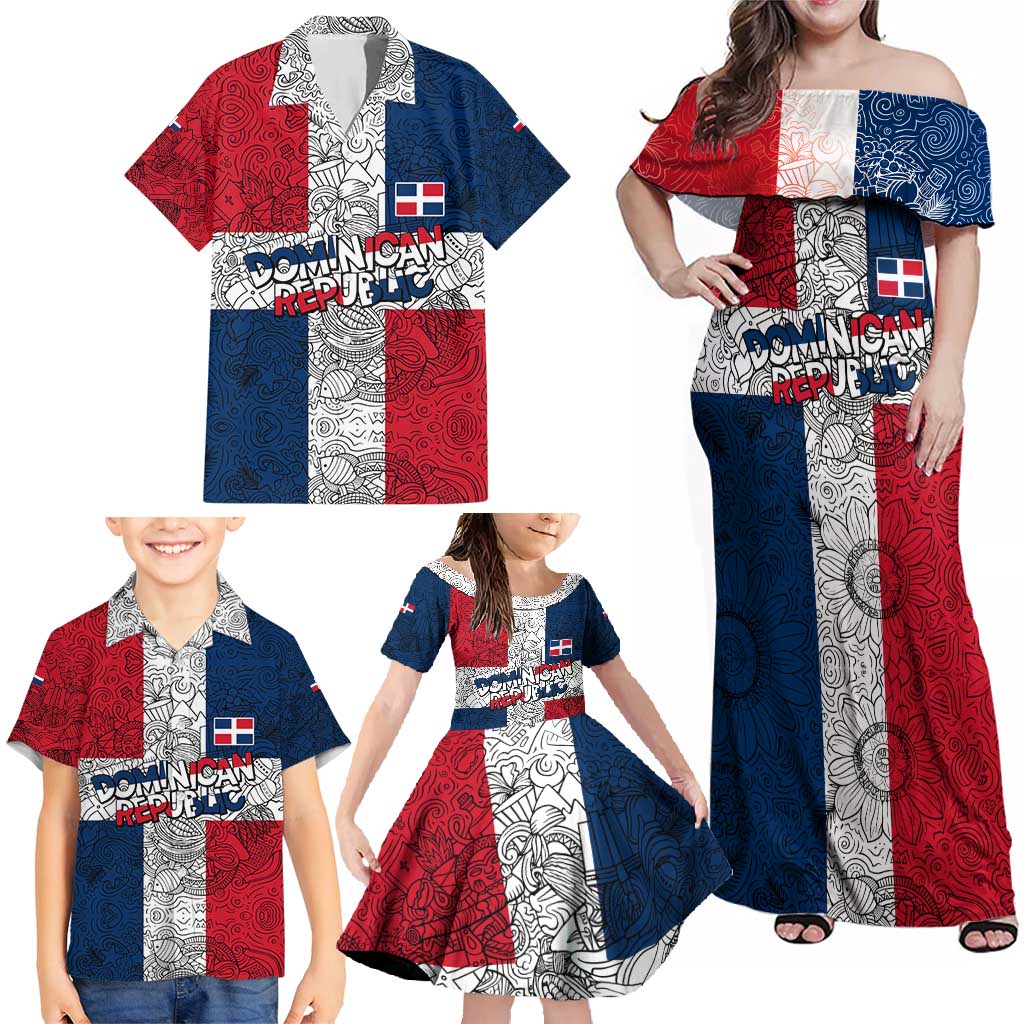 Dominican Republic Flag Family Matching Off Shoulder Maxi Dress and Hawaiian Shirt Red White and Blue Pattern with National Emblem and Tribal Design - Wonder Print Shop