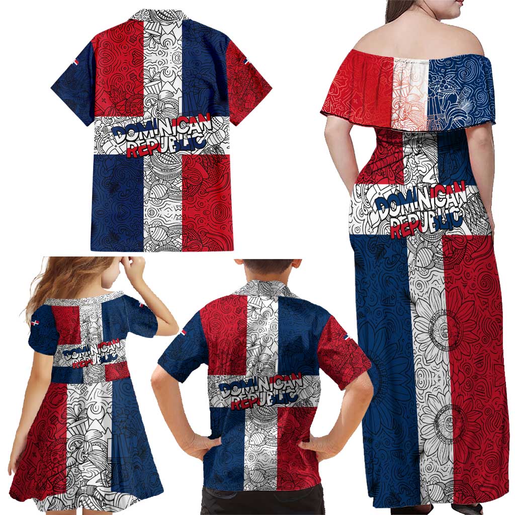 Dominican Republic Flag Family Matching Off Shoulder Maxi Dress and Hawaiian Shirt Red White and Blue Pattern with National Emblem and Tribal Design - Wonder Print Shop