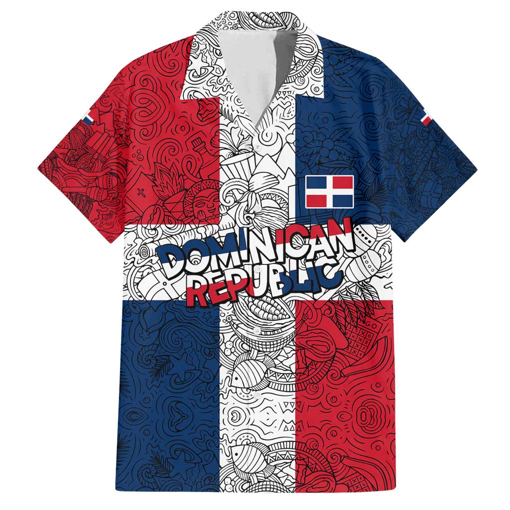 Dominican Republic Flag Family Matching Off Shoulder Maxi Dress and Hawaiian Shirt Red White and Blue Pattern with National Emblem and Tribal Design - Wonder Print Shop