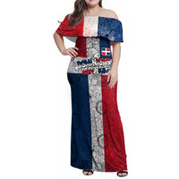 Dominican Republic Flag Family Matching Off Shoulder Maxi Dress and Hawaiian Shirt Red White and Blue Pattern with National Emblem and Tribal Design - Wonder Print Shop
