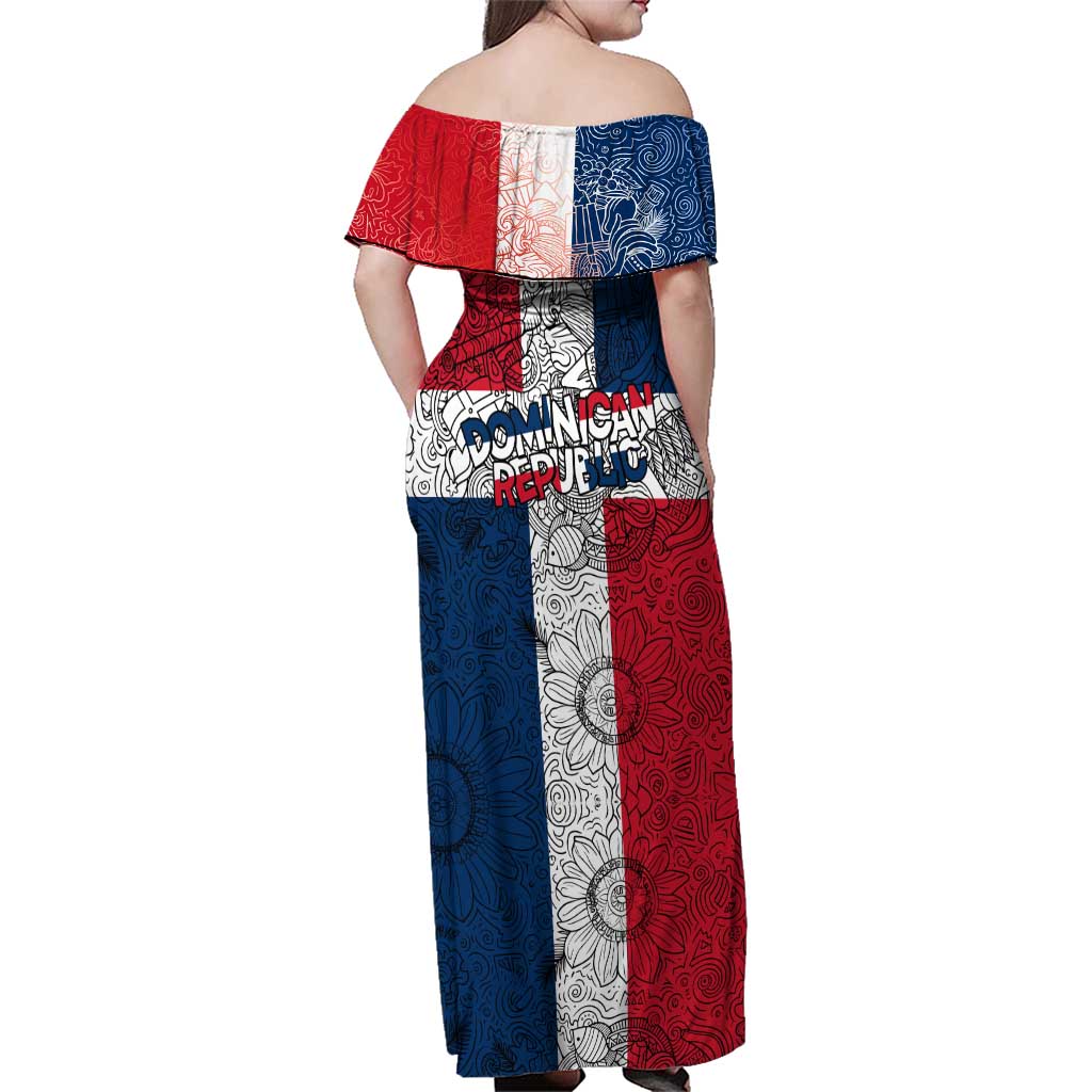 Dominican Republic Flag Family Matching Off Shoulder Maxi Dress and Hawaiian Shirt Red White and Blue Pattern with National Emblem and Tribal Design - Wonder Print Shop