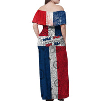Dominican Republic Flag Family Matching Off Shoulder Maxi Dress and Hawaiian Shirt Red White and Blue Pattern with National Emblem and Tribal Design - Wonder Print Shop