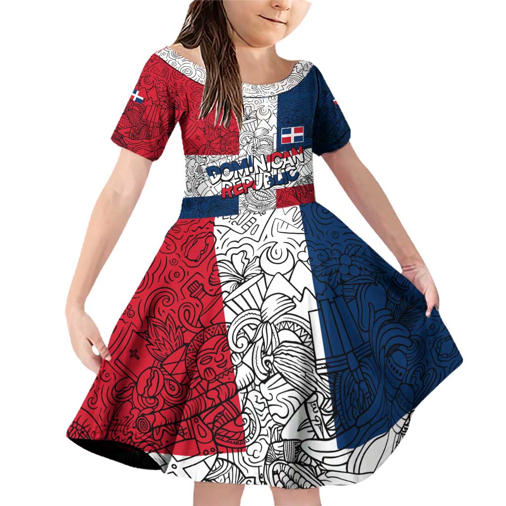 Dominican Republic Flag Family Matching Off Shoulder Short Dress and Hawaiian Shirt Red White and Blue Pattern with National Emblem and Tribal Design - Wonder Print Shop
