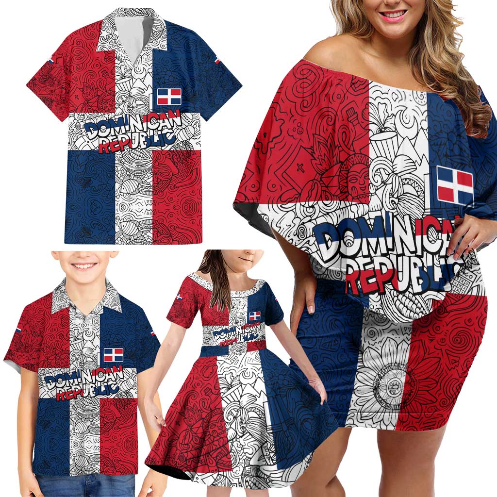 Dominican Republic Flag Family Matching Off Shoulder Short Dress and Hawaiian Shirt Red White and Blue Pattern with National Emblem and Tribal Design - Wonder Print Shop