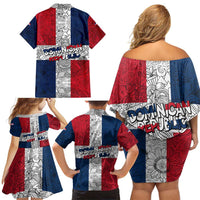 Dominican Republic Flag Family Matching Off Shoulder Short Dress and Hawaiian Shirt Red White and Blue Pattern with National Emblem and Tribal Design - Wonder Print Shop