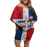 Dominican Republic Flag Family Matching Off Shoulder Short Dress and Hawaiian Shirt Red White and Blue Pattern with National Emblem and Tribal Design - Wonder Print Shop