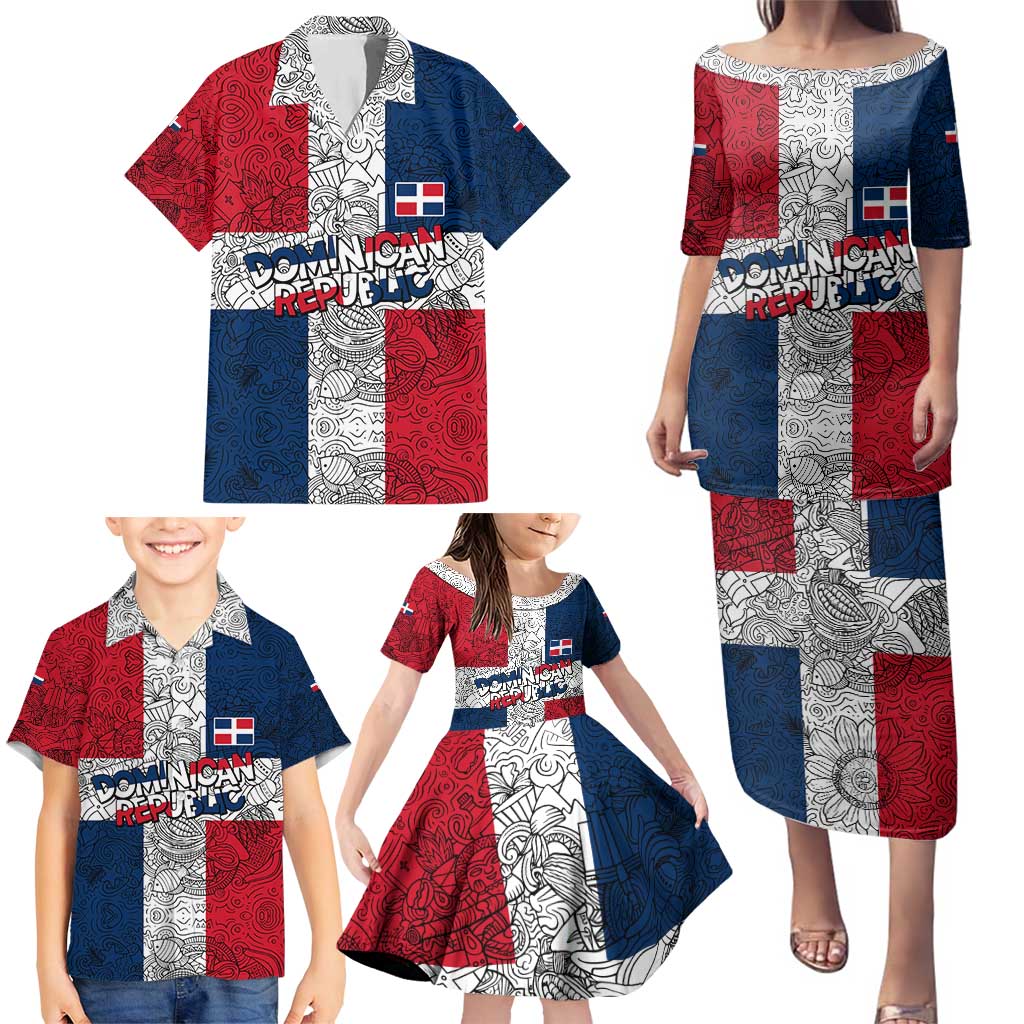 Dominican Republic Flag Family Matching Puletasi and Hawaiian Shirt Red White and Blue Pattern with National Emblem and Tribal Design - Wonder Print Shop